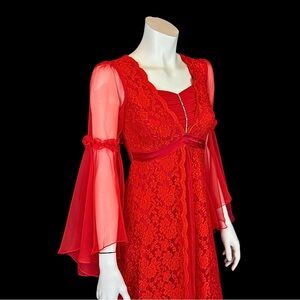 Scarlet red Bell sleeve 1970s Scarlet Lace & Chiffon Formal Party Dress XS